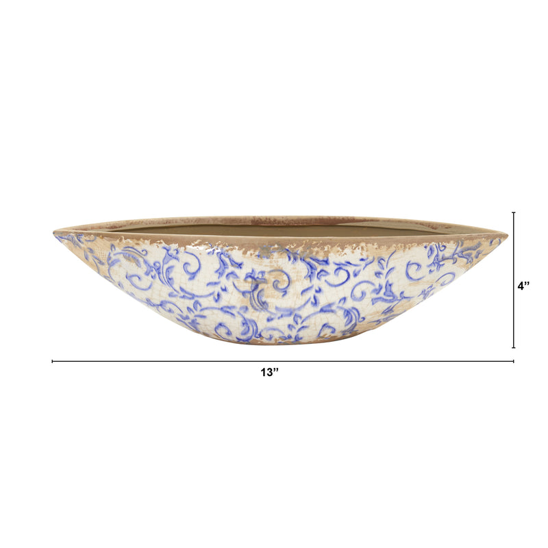 13” Tuscan Ceramic Blue Scroll Decorative Bowl