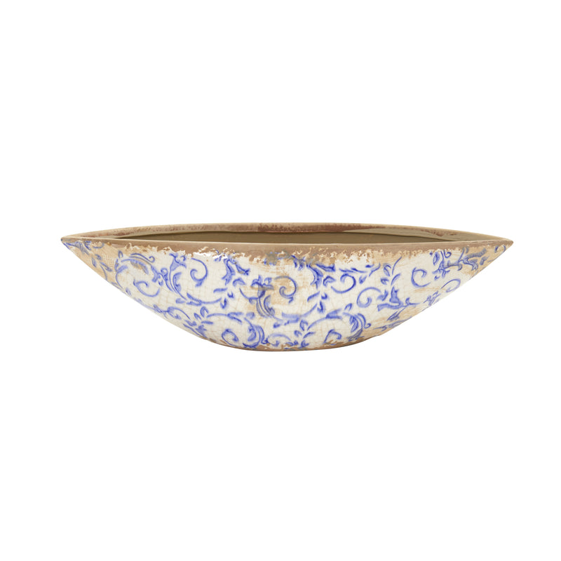 13” Tuscan Ceramic Blue Scroll Decorative Bowl