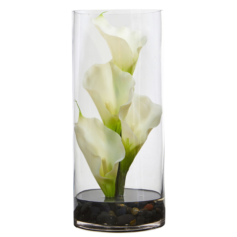 14" Calla Lily Artificial Arrangement in Cylinder Glass