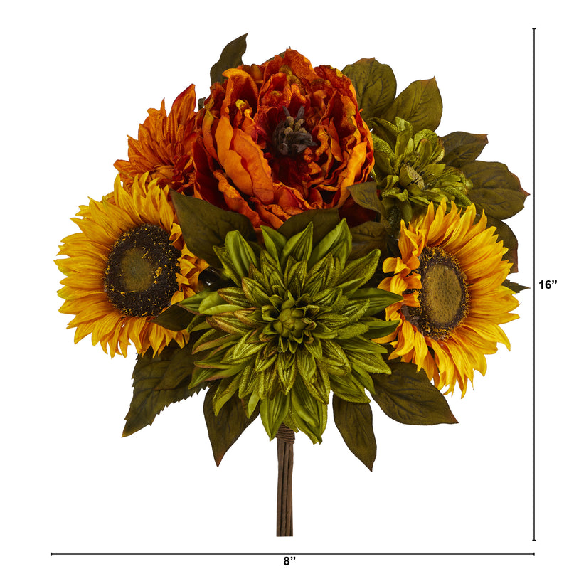 16” Peony, Dahlia and Sunflower Artificial Flower Bouquet (Set of 2)