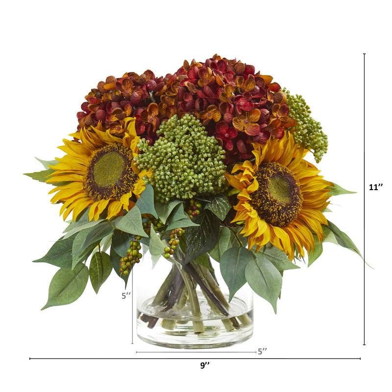 11” Sunflower and Hydrangea Artificial Arrangement