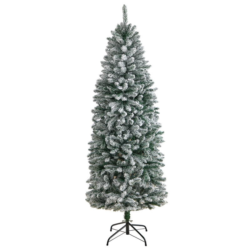 6’ Slim Flocked Montreal Fir Artificial Christmas Tree with 250 Warm White LED Lights and 743 Bendable Branches