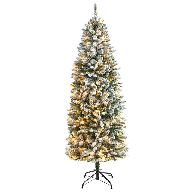 6’ Slim Flocked Montreal Fir Artificial Christmas Tree with 250 Warm White LED Lights and 743 Bendable Branches