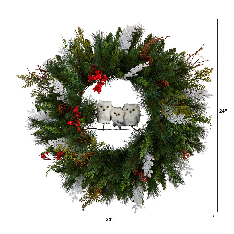 24” Holiday Winter Owl Family Pinecone Berry Christmas Artificial Wreath